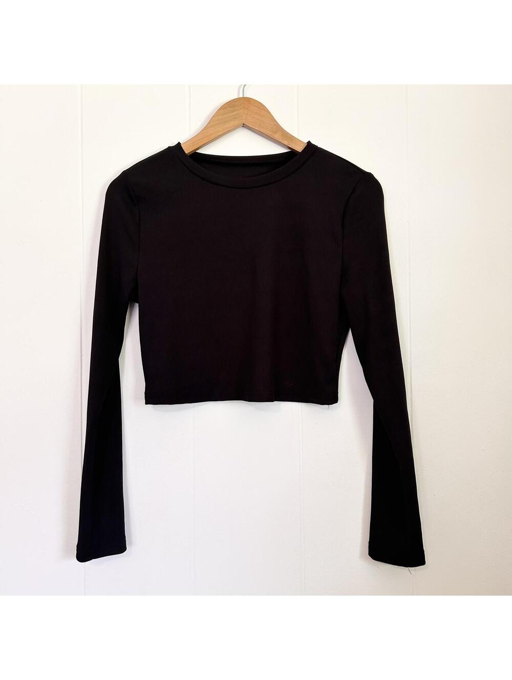 Yozy Black Ribbed Long Sleeve Cropped Top Shirt Women's Large